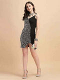 Women's Sequin Embellished Bodycon One Side Full Sleeve Dress, Black and Silver