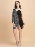Women's Sequin Embellished Bodycon One Side Full Sleeve Dress, Black and Silver