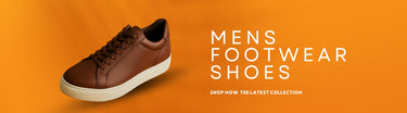 Banner displaying a brown sneaker on an orange background with the text 'Mens Footwear Shoes – Shop Now the Latest Collection.