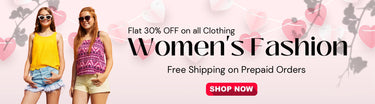 Banner showing two women in summer outfits promoting flat 30% off on all women’s fashion clothing with free shipping on prepaid orders and a 'Shop Now' button.