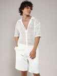 White Short Sleeves Pure Cotton Crochet Shirt & Short