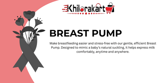 Breast pump banner by Khilorakart showing a floral ribbon and description about stress-free milk expression for mothers.