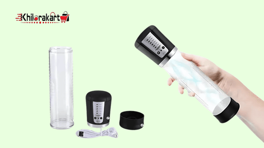 Long Time Enlargement Vacuum Pump product set with transparent cylinder, digital pump head, USB charging cable, and sleeve displayed with Khilorakart logo