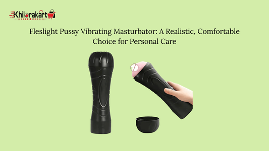 Black Fleslight Pussy Vibrating Masturbator shown in closed and open views, with a hand holding the opened device to reveal the inner sleeve. Branded with KhiloraKart logo on a light green background.