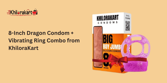 Promotional banner for KhiloraKart featuring an 8-inch Dragon condom and a pink vibrating ring combo pack. The packaging is labeled "Big Boy Jumbo Silicon Condom" with KhiloraKart branding on a beige background.