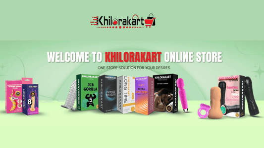 Khilorakart online store banner displaying various adult products including vibrators, condoms, and pleasure accessories with the slogan 'One stop solution for your desires