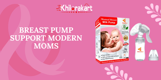 Promotional banner for KhiloraKart Manual Breast Milk Pump – features product image with BPA-free label, baby and mother photo, and text “Breast Pump Support Modern Moms” on a pink background.