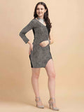 Sequin bodycon dress with one-sleeve, black & silver.