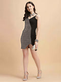 Sequin bodycon dress with one-sleeve, black & silver.